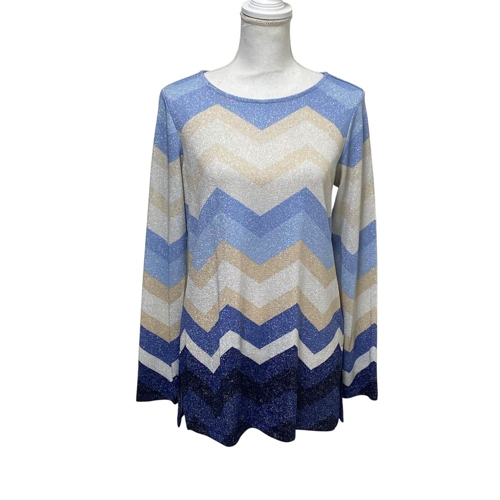 Susan Graver Metallic Chevron Sweater Small Blue Knit Pullover Stretch Classic
